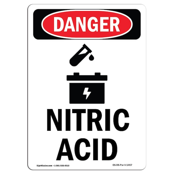 Safety Sign, OSHA Danger, 5" Height, Nitric Acid, Portrait, 10PK